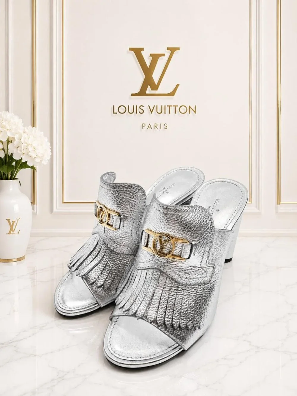 Authentic Louis Vuitton Silver Metallic Leather Fringe Mule Sandals Block Heels
